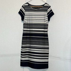 SOHO Apparel Midi dress scoop neckline with horizontal black lines.